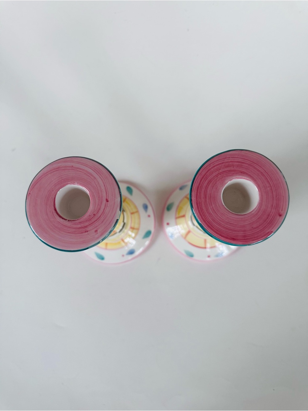 Hand-Painted Ceramic Candlestick Pair Pink Yellow Checkered Shabby Chic Cottage - Picture 3 of 8